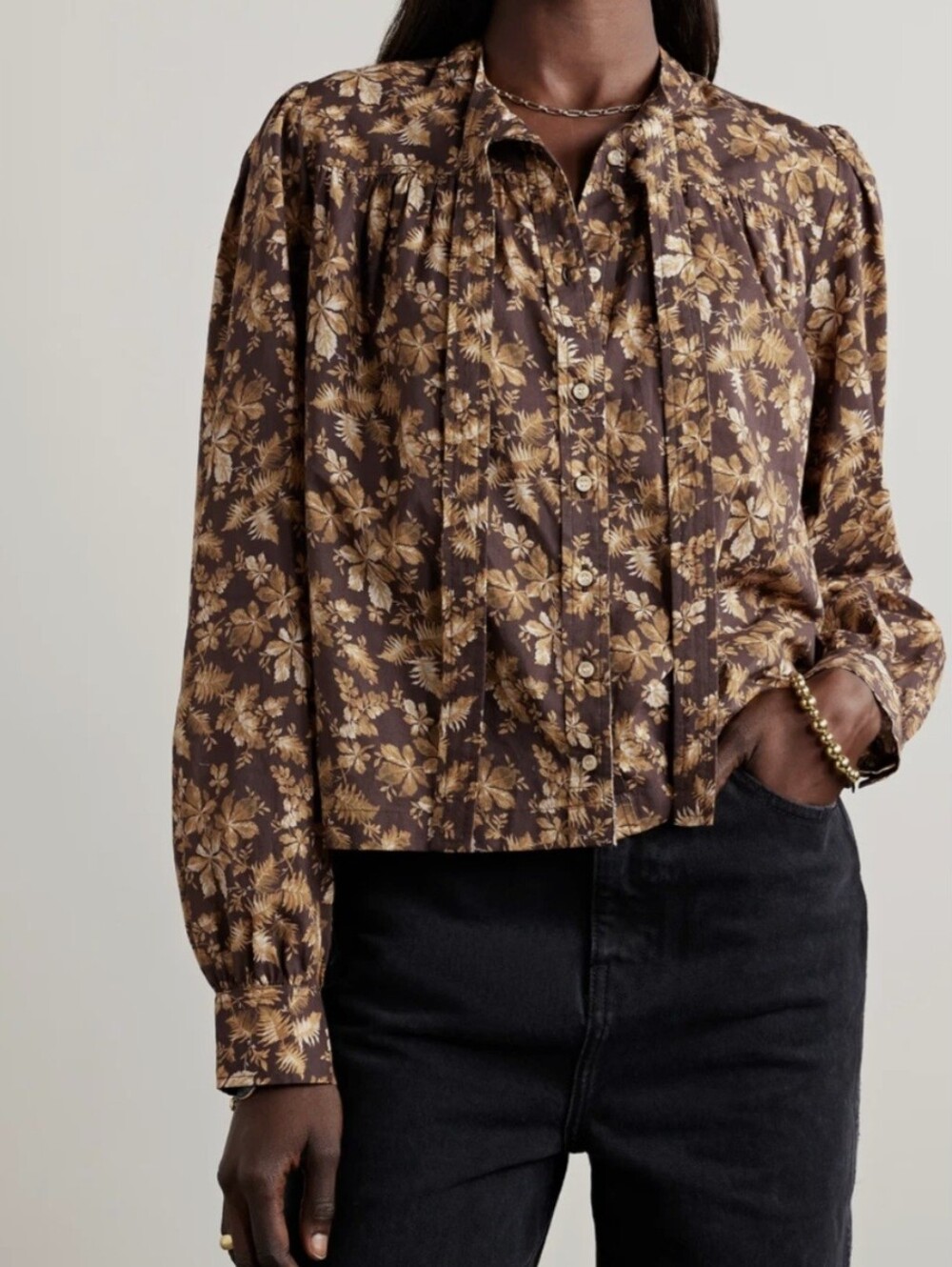 Doen Norma Top Womens XS Fern Grove Floral Tie Neck Button Blouse Organic Cotton